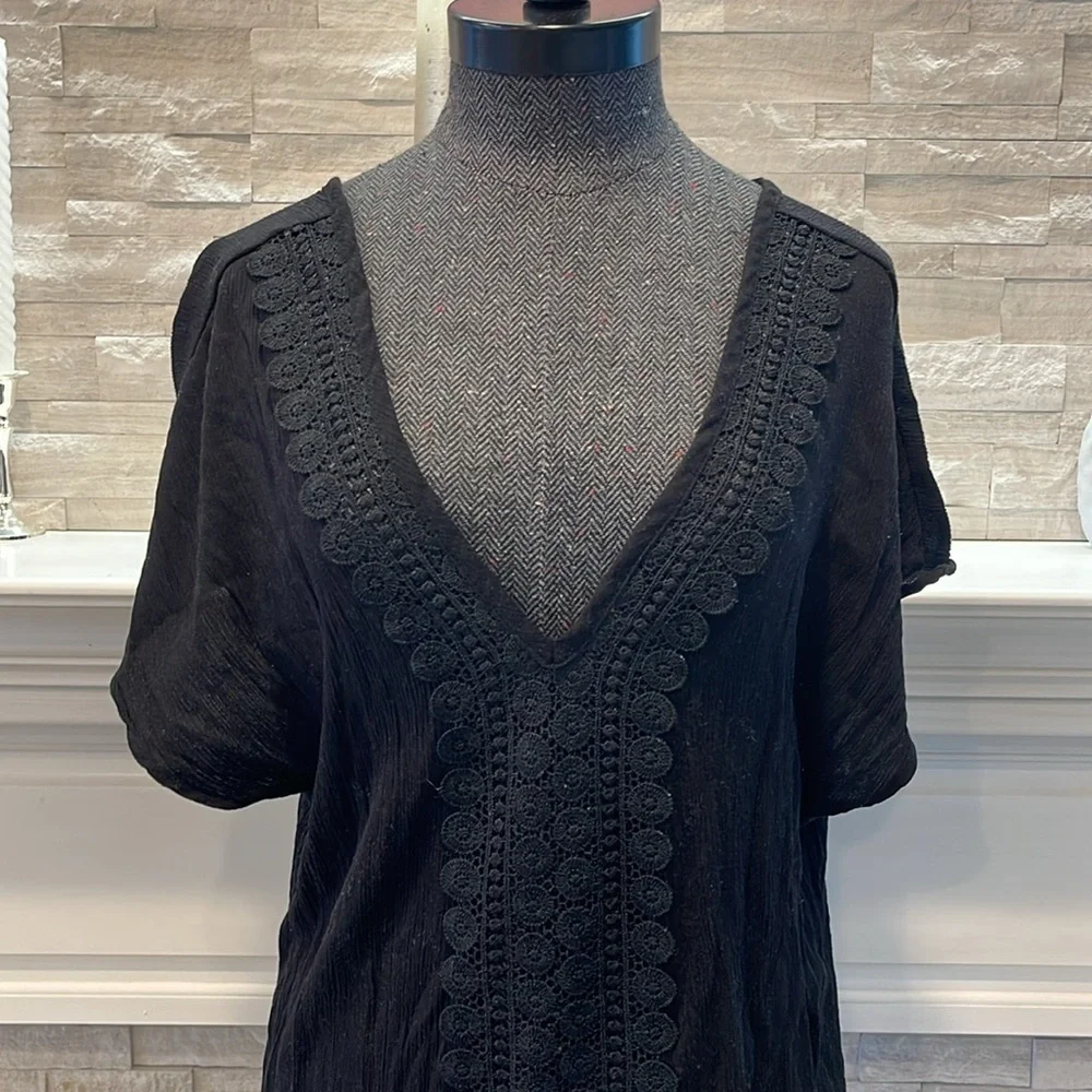 Kona Sol Boho Swimsuit Cover Up Black w/ Crochet Lace, Tassels Medium - Picture 4 of 8